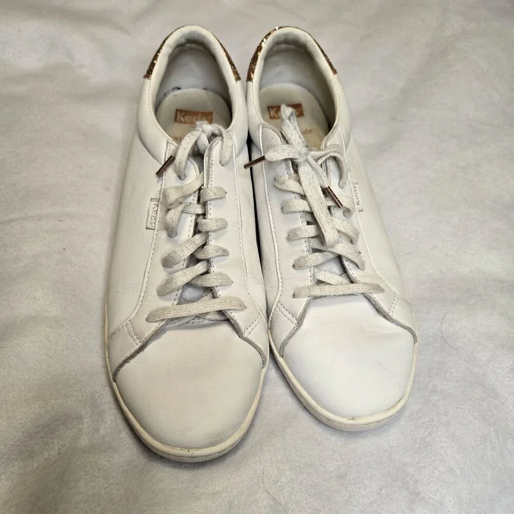 Keds For Kate Spade White Leather Sneakers Shoes Rose Gold Glitter Women's‎ Size